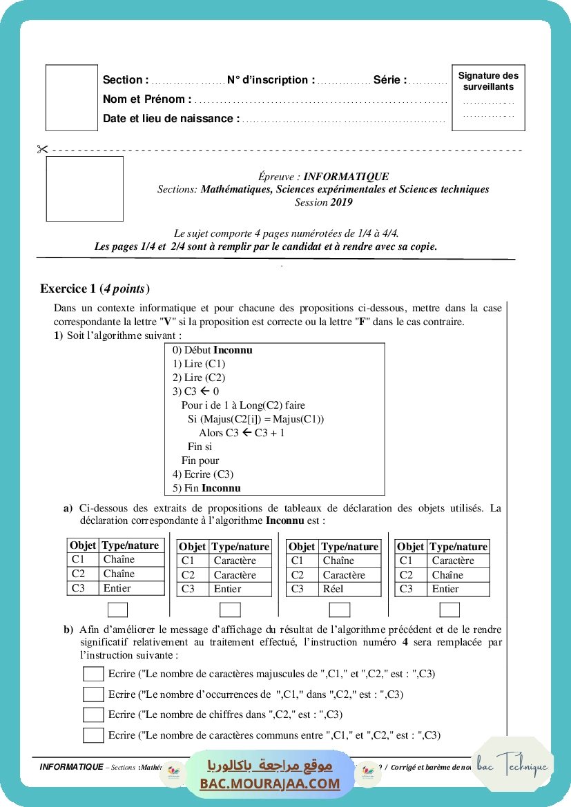 Corrigé principale info Bac 2019 – Section technique